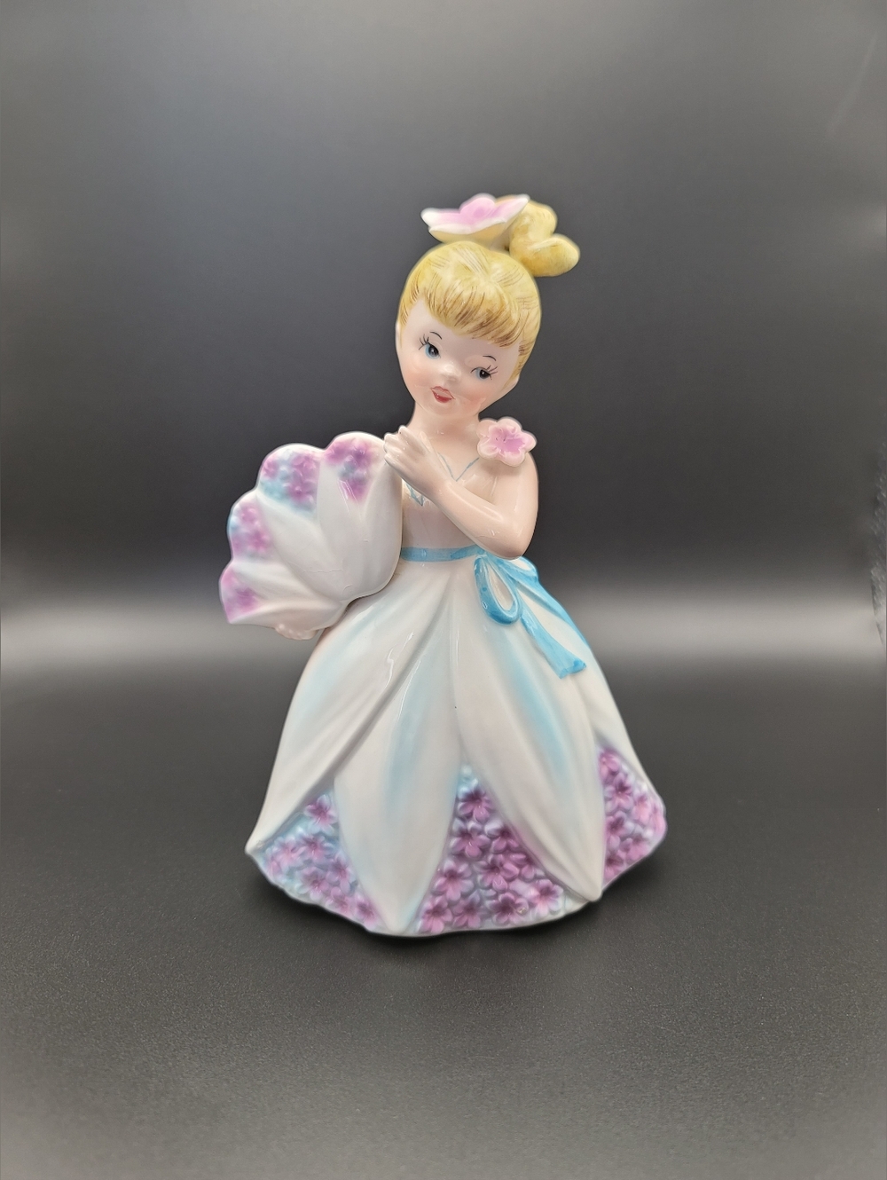 Vintage ENESCO Japan Purple/Blue Flower Petal Dress Blonde Girl Figurine RARE